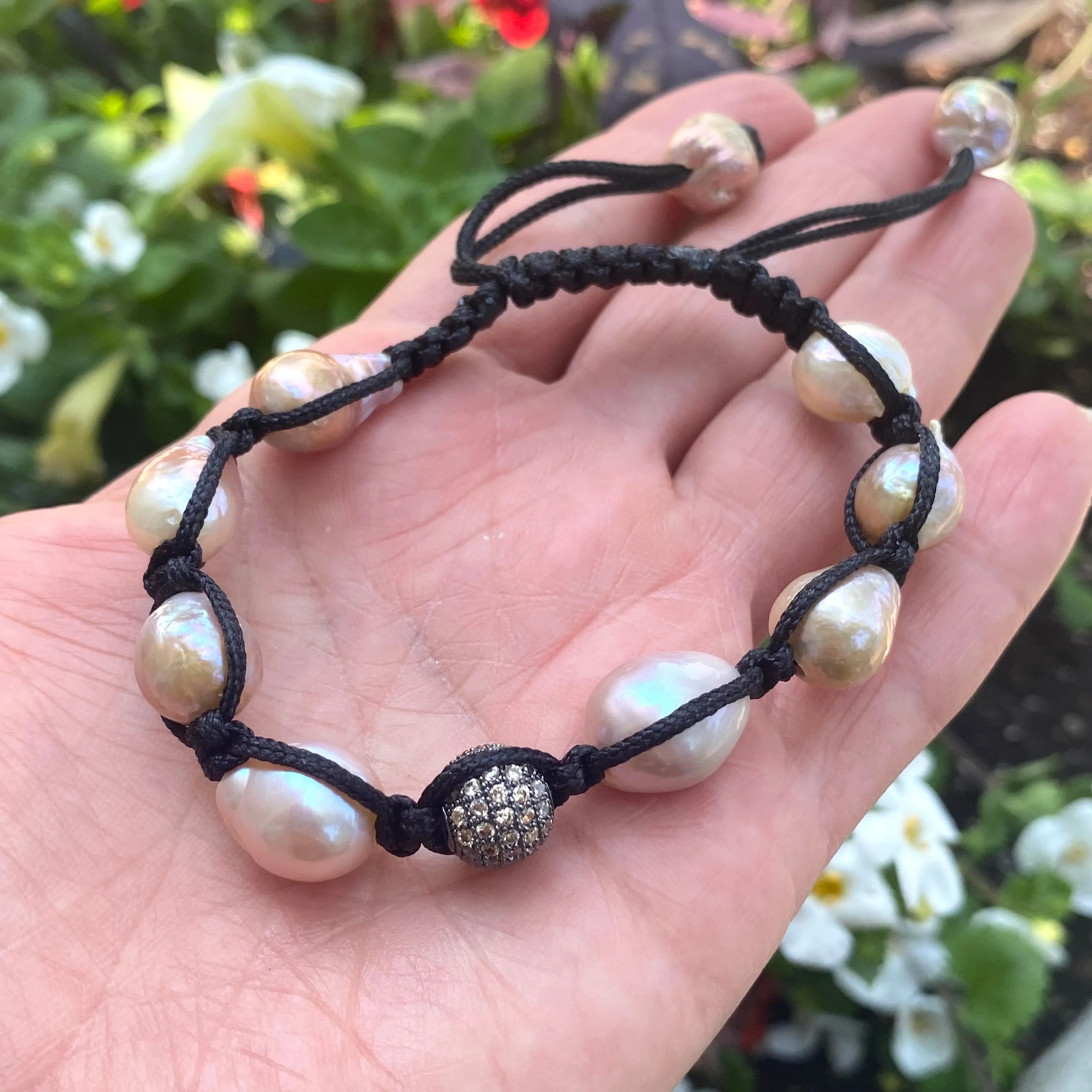 Pastel Baroque Pearl Braided Bracelet, Black Thread, Shamballa Macrame Bracelet, June Birthstone