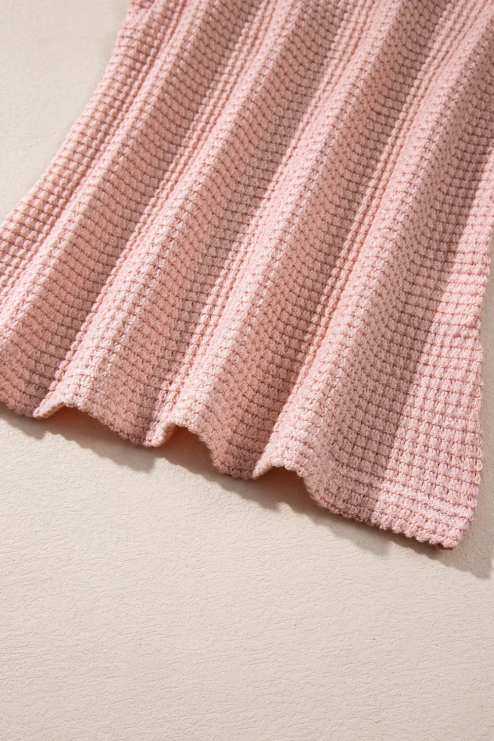 Peach Blossom Sunflower Mesh Bubble Sleeve Waffle Knit Top