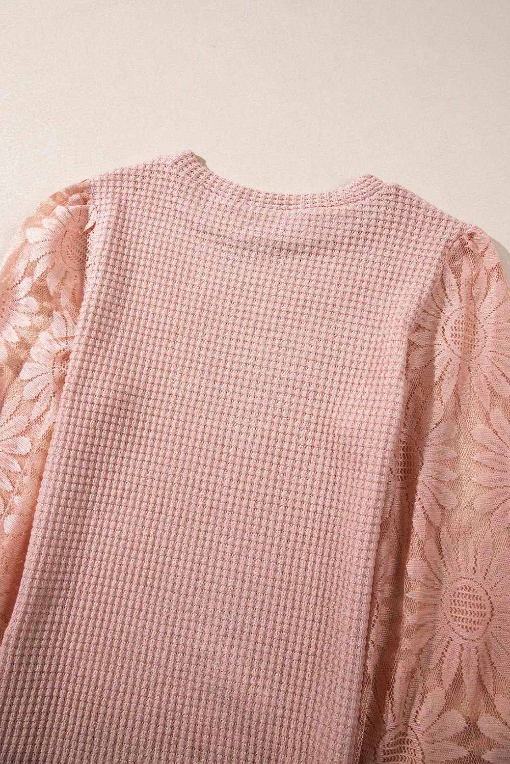 Peach Blossom Sunflower Mesh Bubble Sleeve Waffle Knit Top