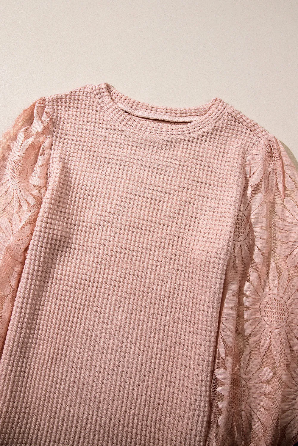 Peach Blossom Sunflower Mesh Bubble Sleeve Waffle Knit Top