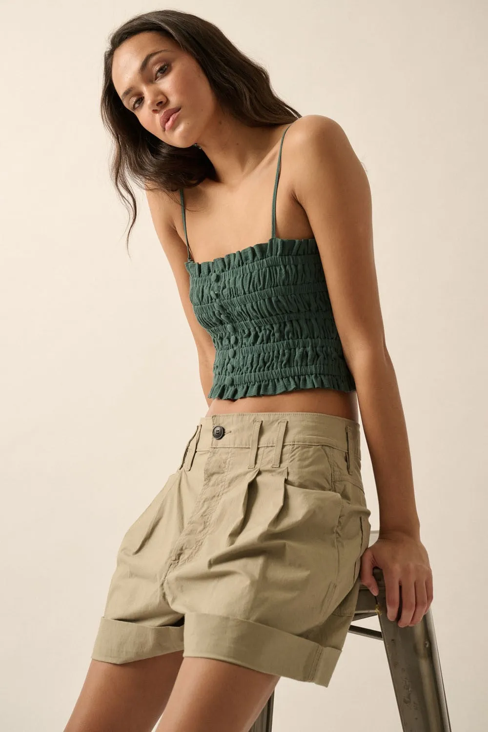 Pine Green Solid Smocked-Bodice Cropped Cami Top