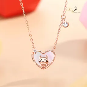 Raised Kitty in Heart Necklace in Solid 925 Sterling Silver - Rose Gold Plated