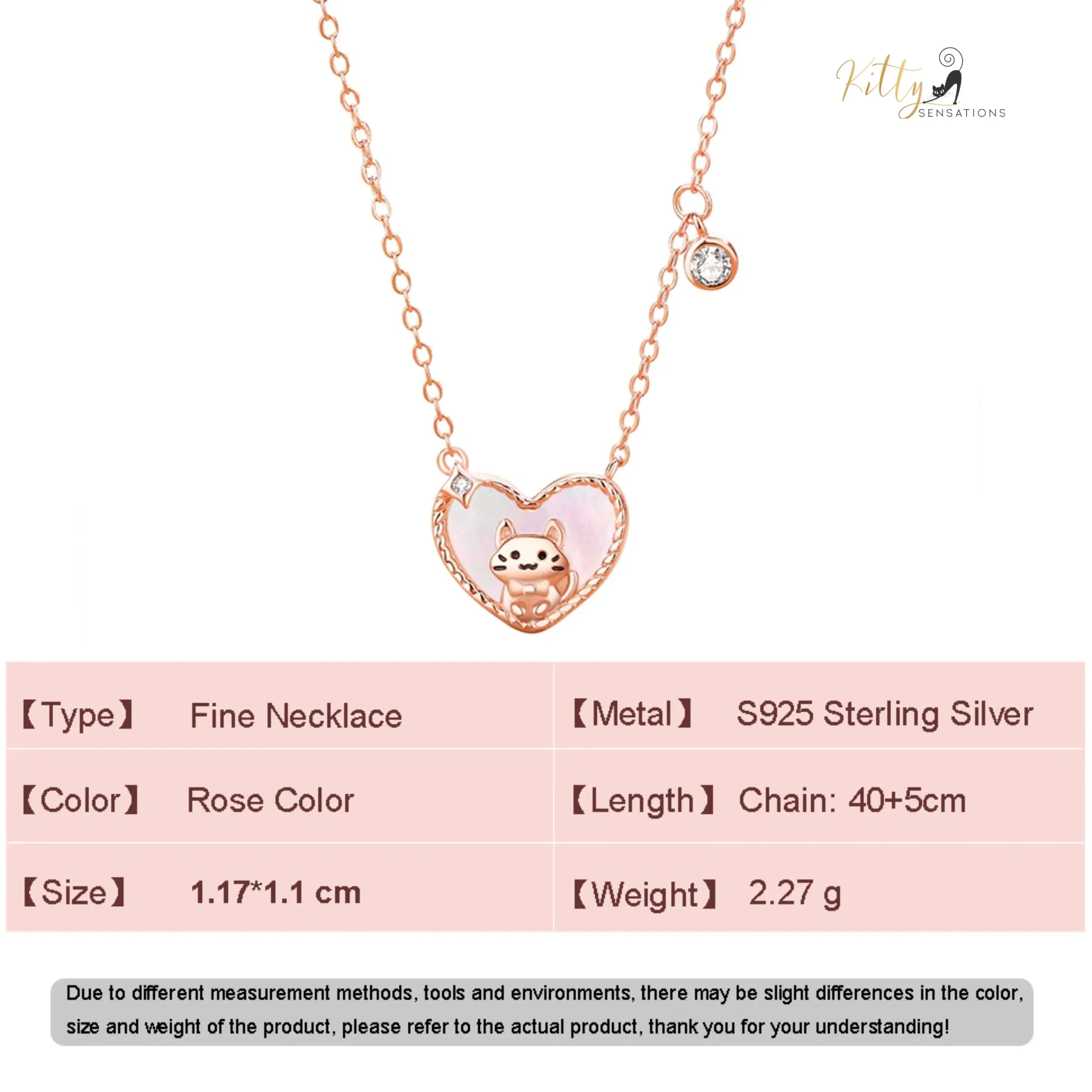 Raised Kitty in Heart Necklace in Solid 925 Sterling Silver - Rose Gold Plated