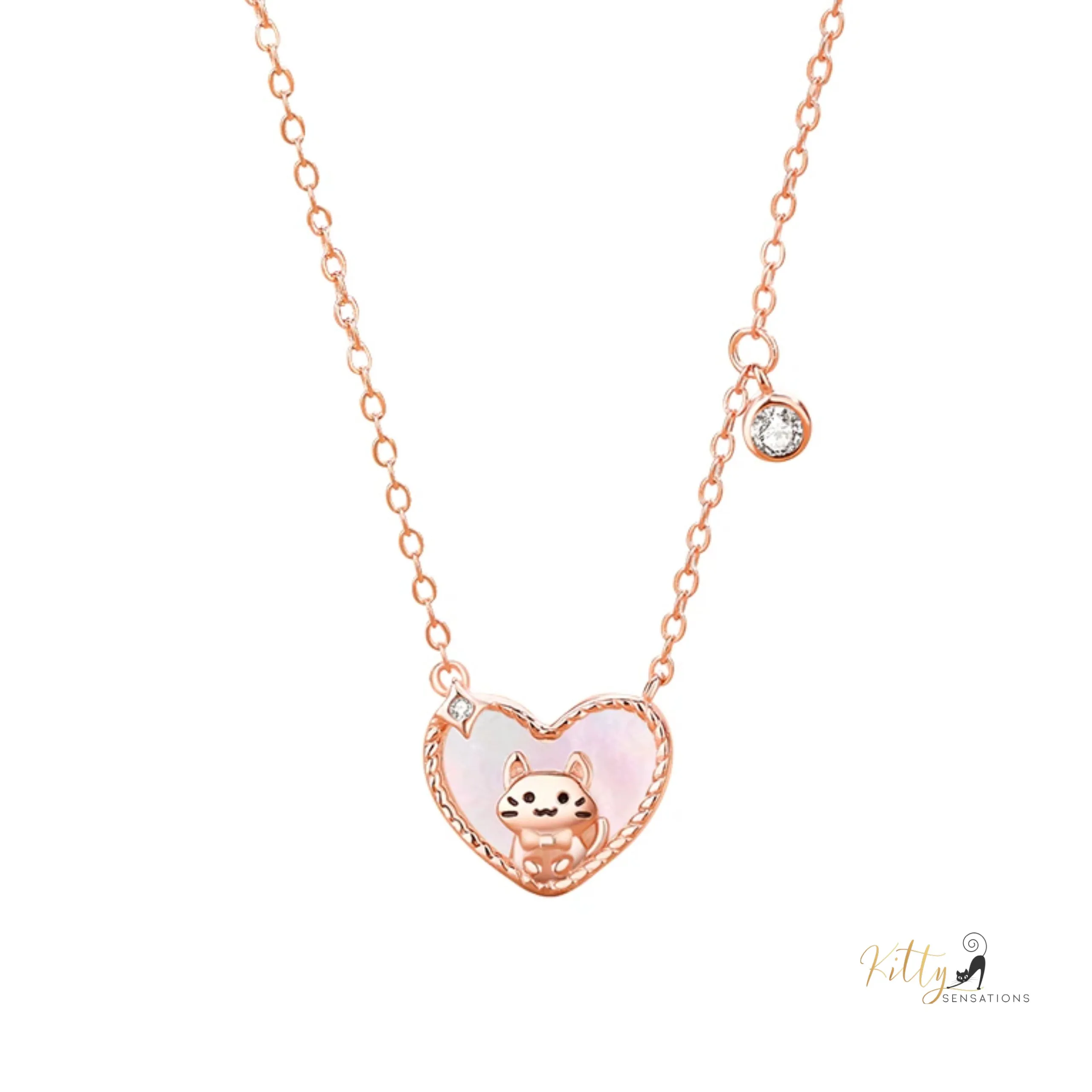 Raised Kitty in Heart Necklace in Solid 925 Sterling Silver - Rose Gold Plated