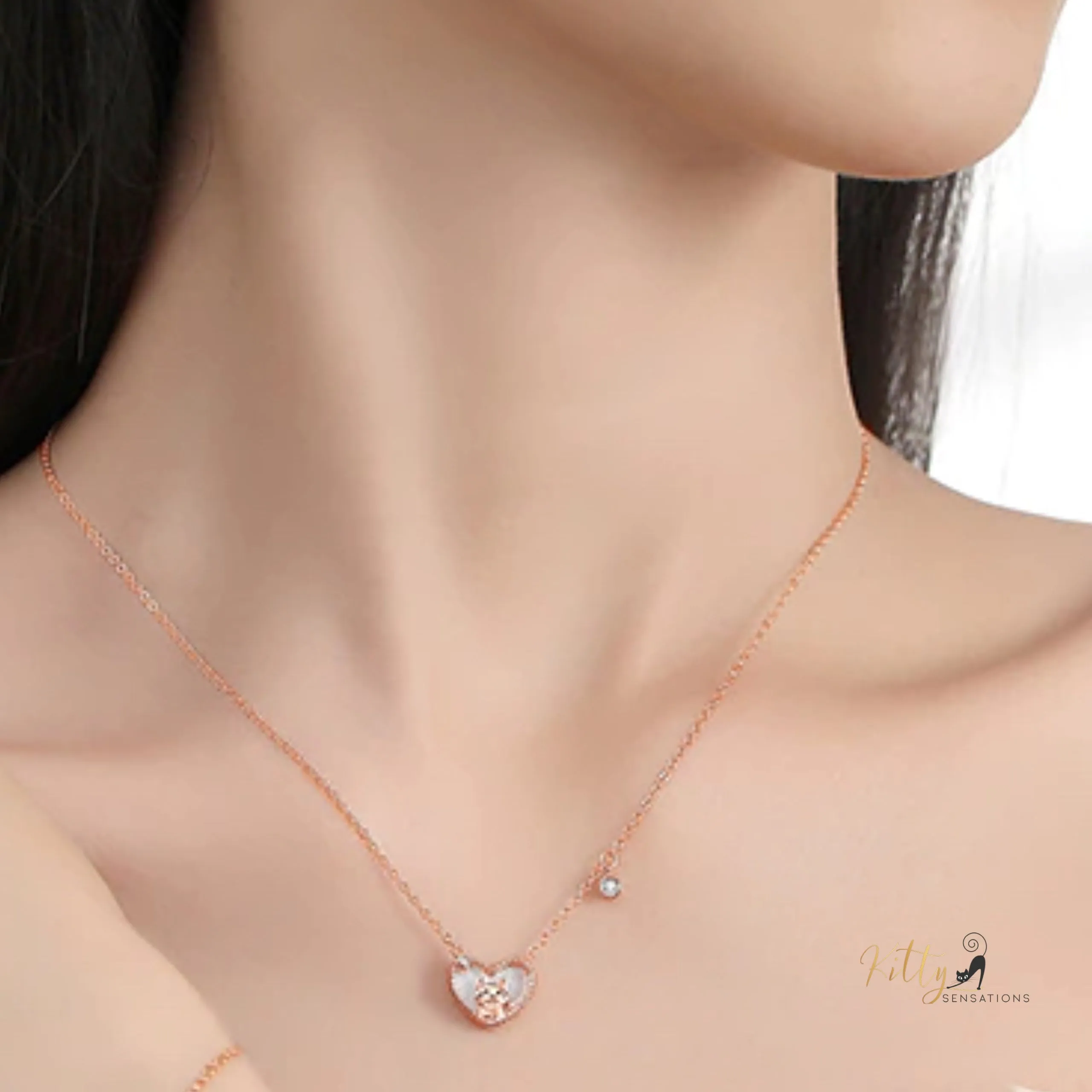 Raised Kitty in Heart Necklace in Solid 925 Sterling Silver - Rose Gold Plated