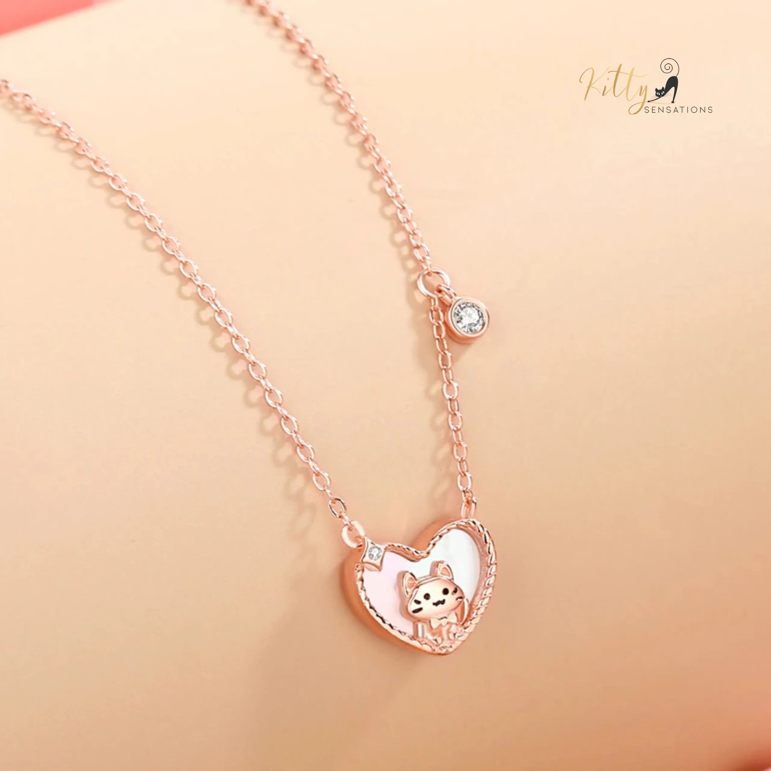 Raised Kitty in Heart Necklace in Solid 925 Sterling Silver - Rose Gold Plated