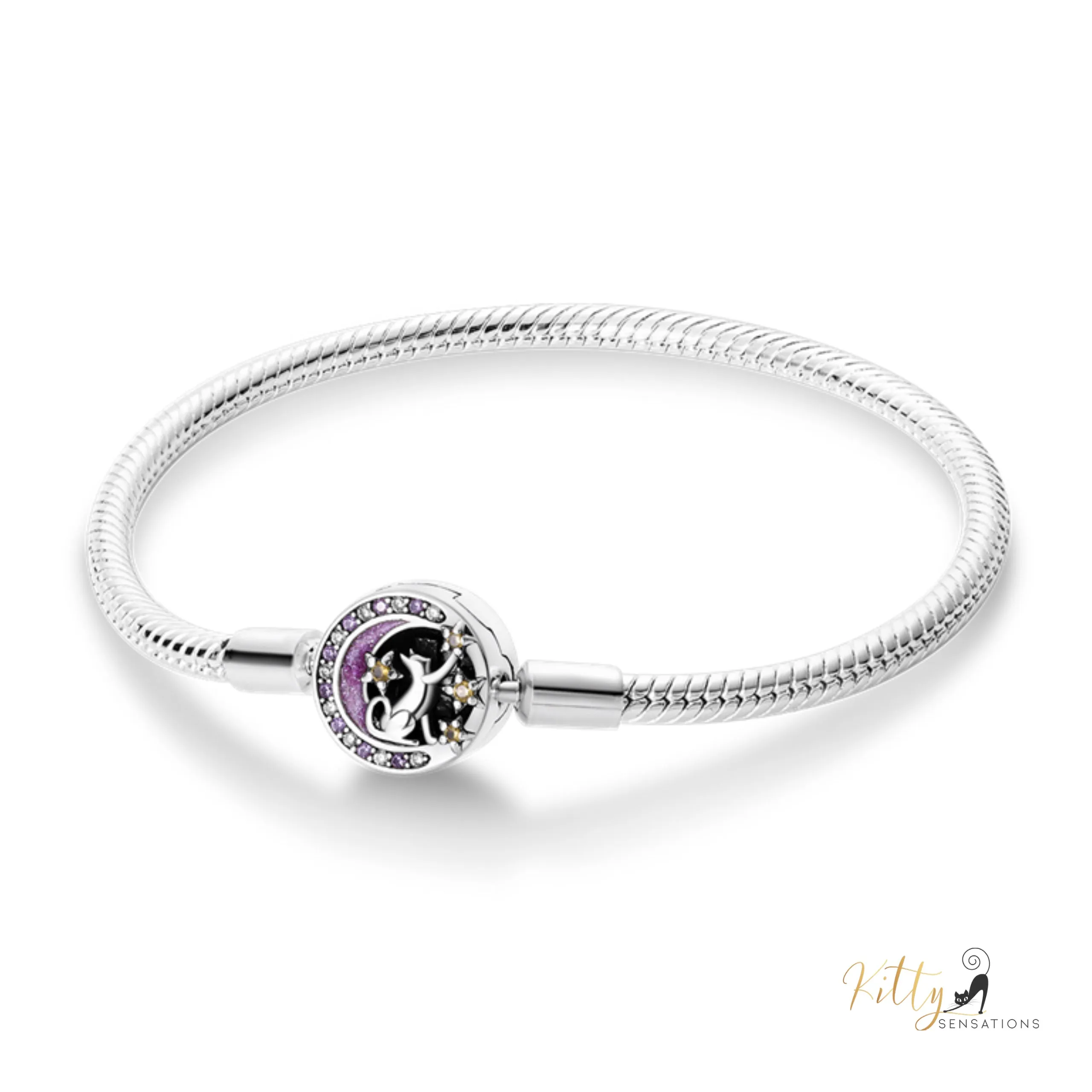 Reaching-for-The-Stars Cat Bracelet in Solid 925 Sterling Silver (Enameled)