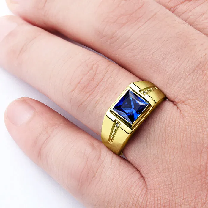 Sapphire Men's Ring 10K Yellow Gold with Natural Diamonds, Statement Men's Ring