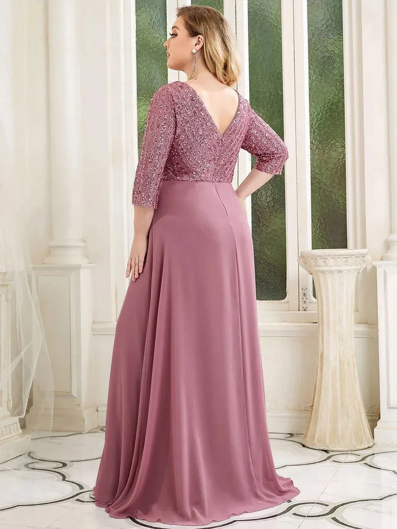 Sexy V Neck Pretty A-Line Sequin Bridesmaid Dresses With 3/4 Sleeve