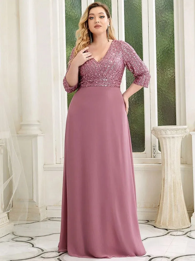 Sexy V Neck Pretty A-Line Sequin Bridesmaid Dresses With 3/4 Sleeve