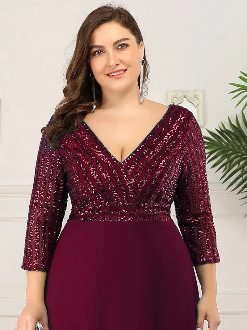 Sexy V Neck Pretty A-Line Sequin Bridesmaid Dresses With 3/4 Sleeve