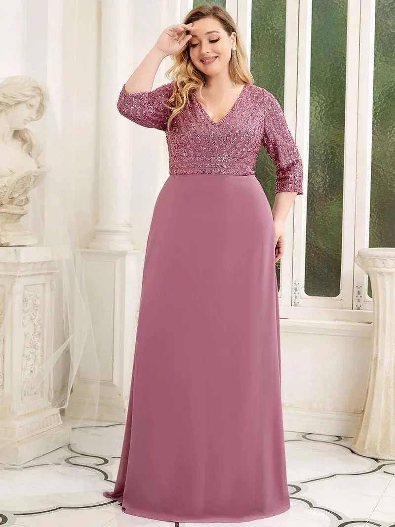 Sexy V Neck Pretty A-Line Sequin Bridesmaid Dresses With 3/4 Sleeve