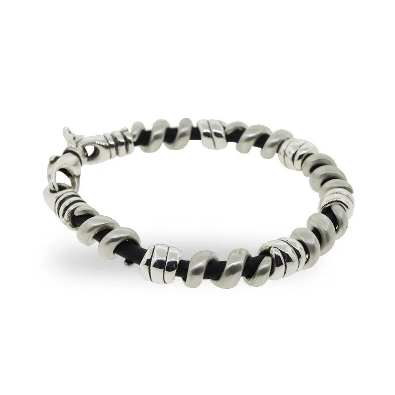 Silver Spiral and Black Leather Bracelet