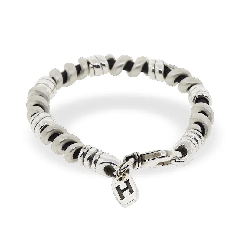 Silver Spiral and Black Leather Bracelet