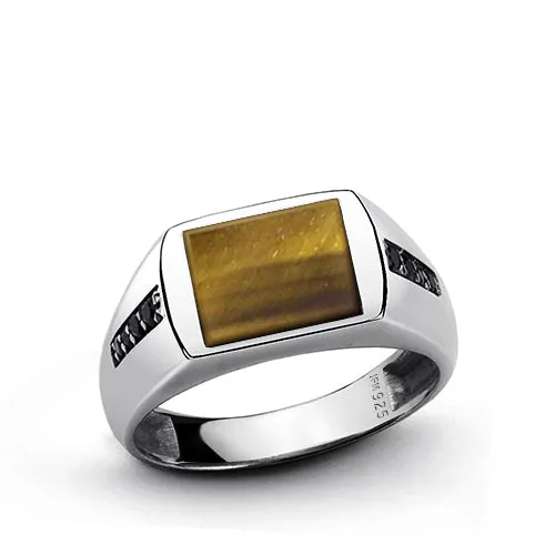 Simple Men's Ring with Natural Stone in Solid 925 Silver