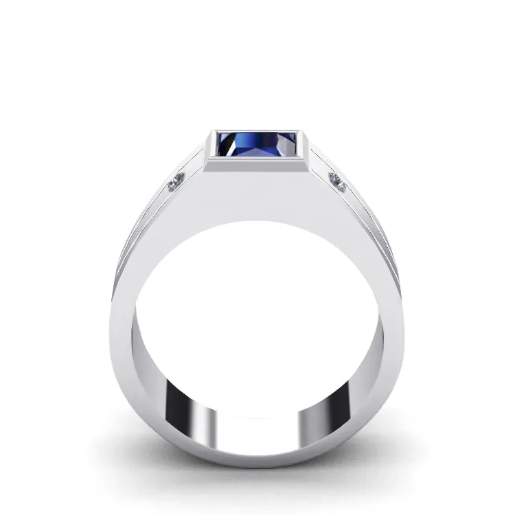 Solid 925 Silver Men's Diamond Ring with Faceted Gemstone