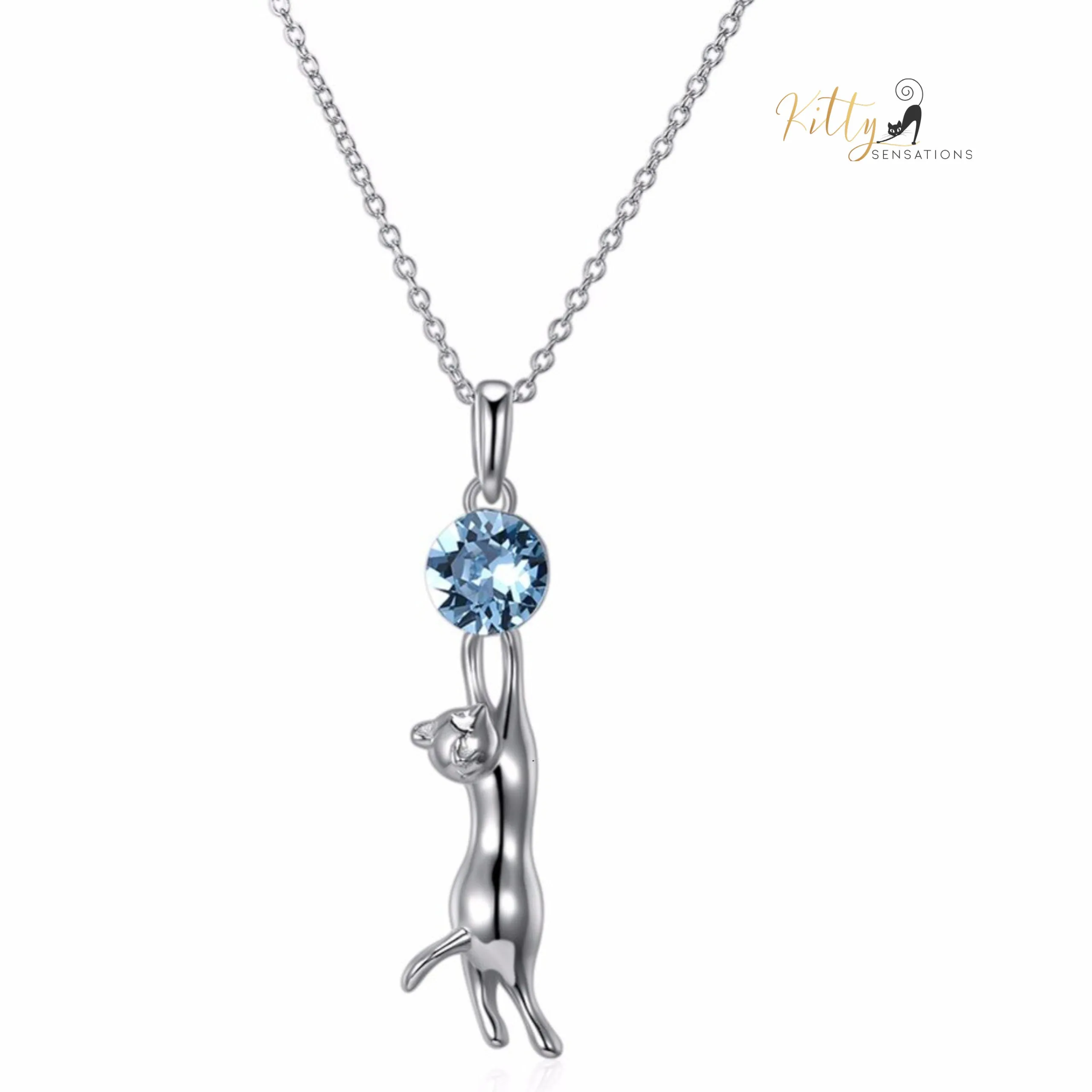 Swarovski Crystal Hanging Cat Necklace in Solid 925 Sterling Silver