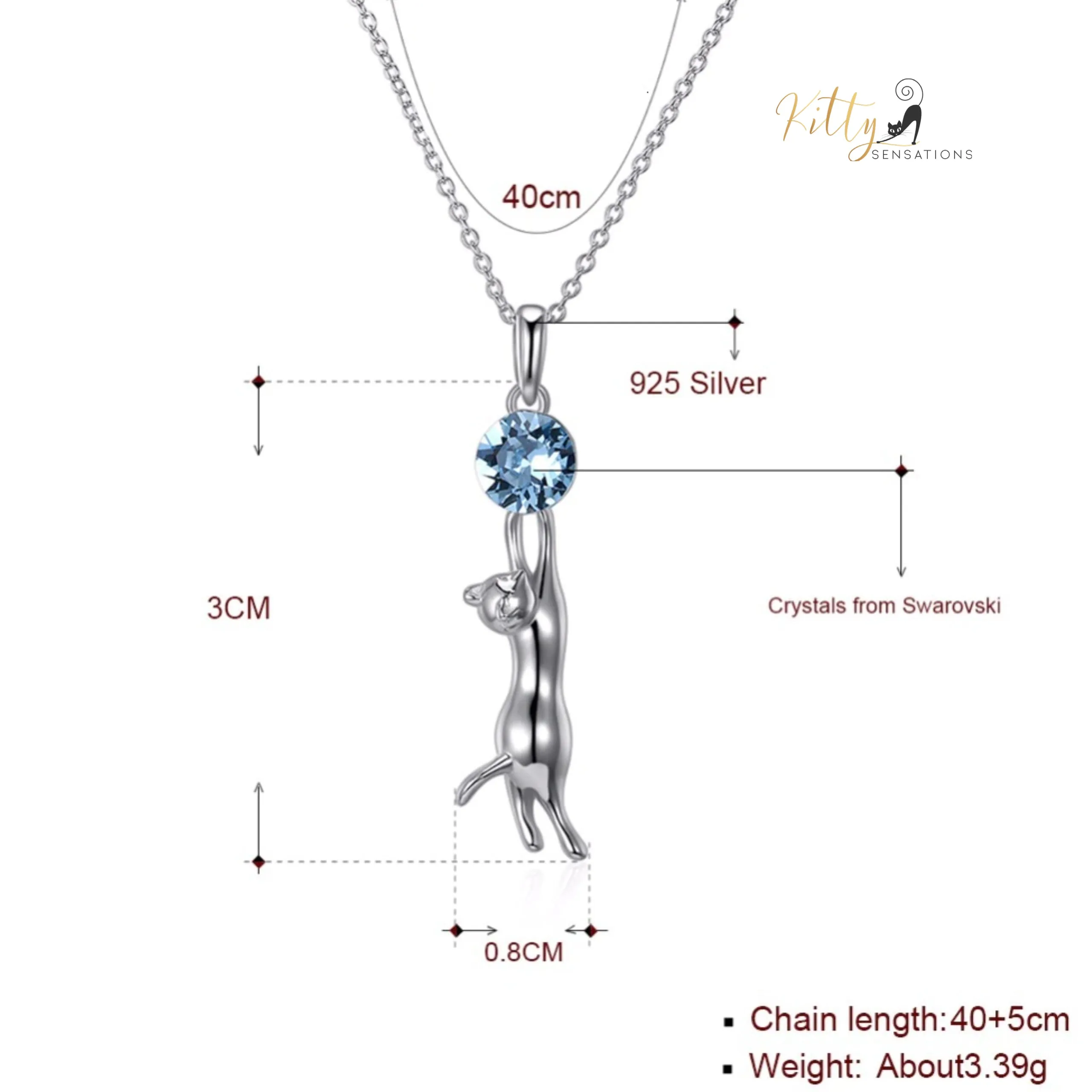 Swarovski Crystal Hanging Cat Necklace in Solid 925 Sterling Silver