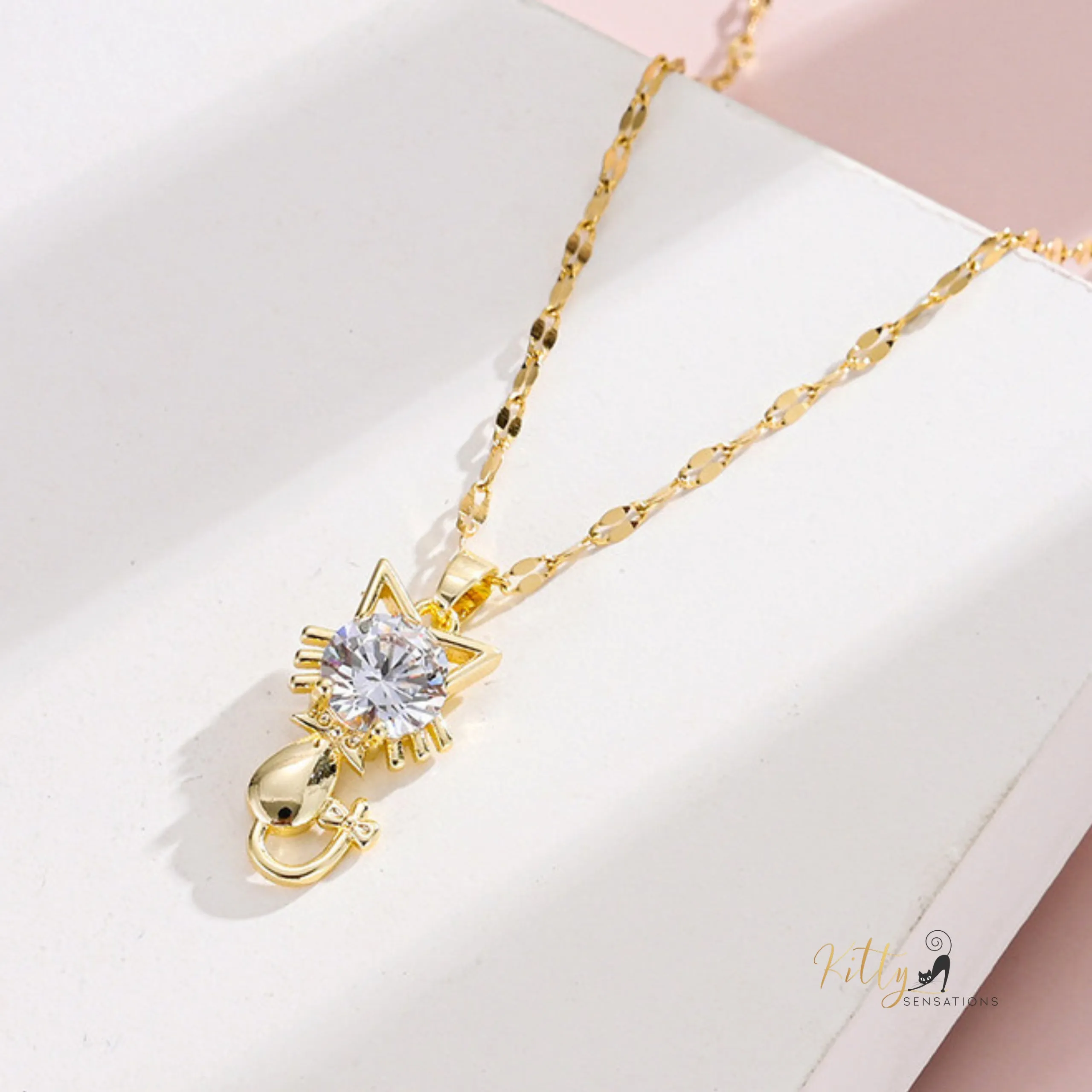 Tail-Bow Kitty CZ Necklace with Alternating Links Chain - Gold Plated