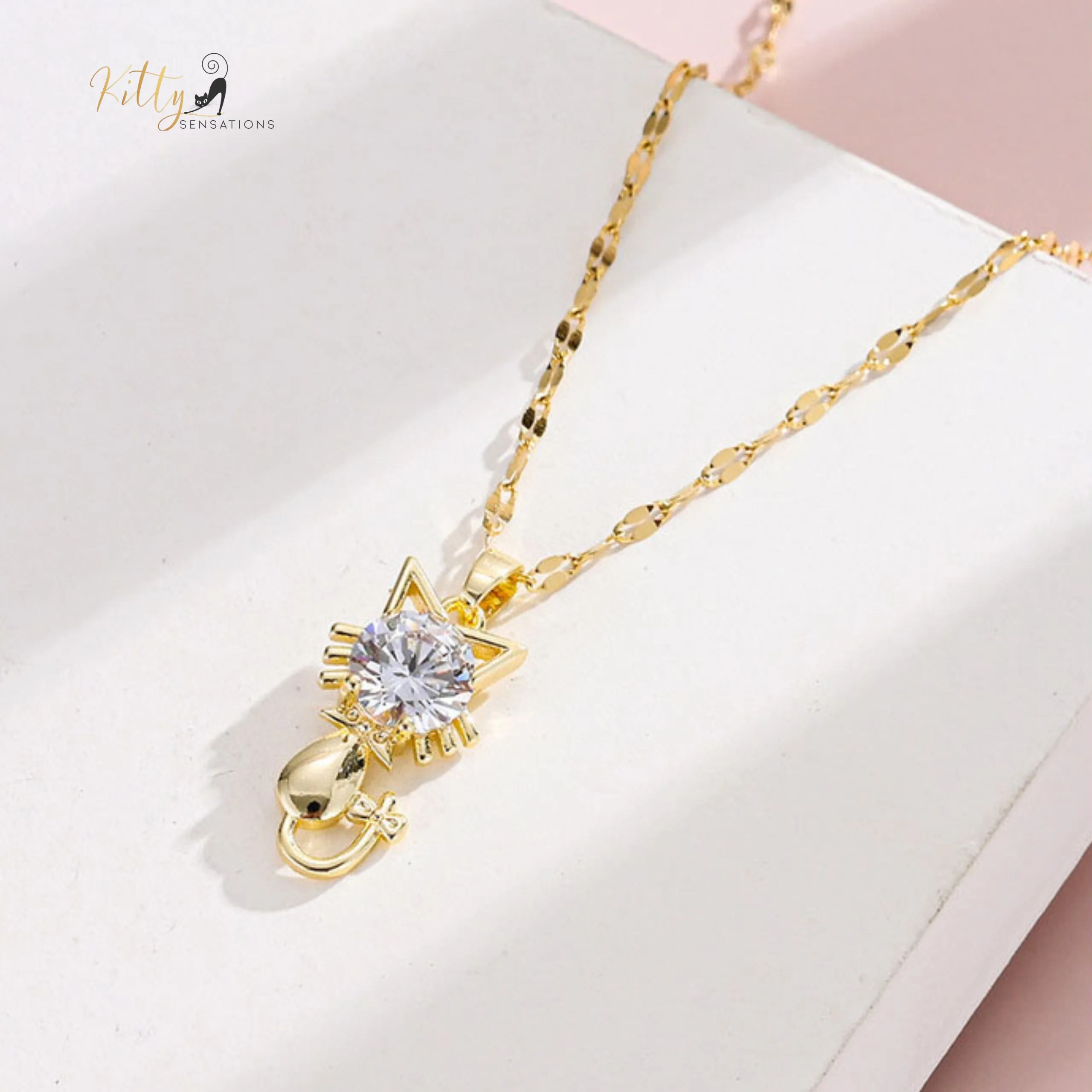 Tail-Bow Kitty CZ Necklace with Alternating Links Chain - Gold Plated