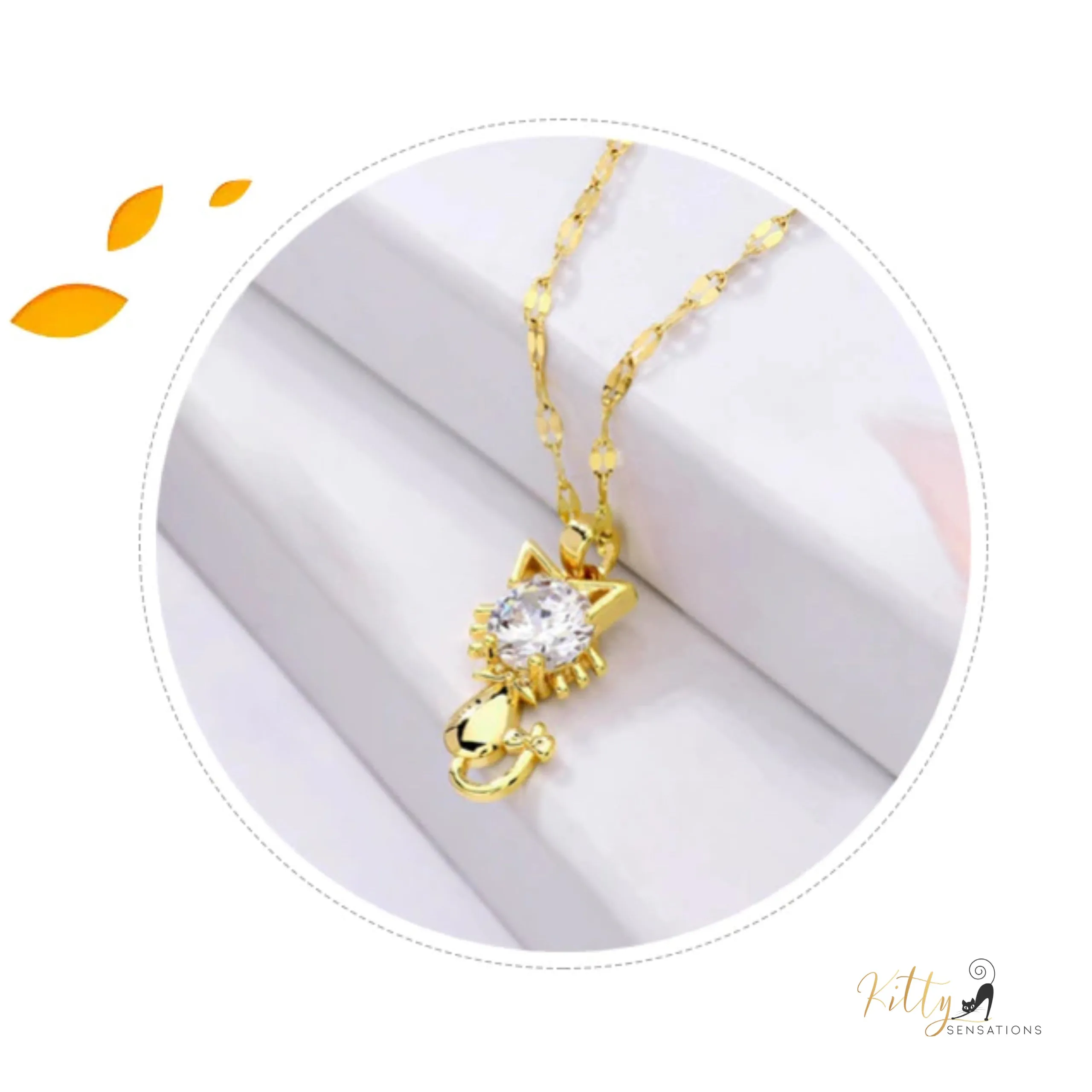 Tail-Bow Kitty CZ Necklace with Alternating Links Chain - Gold Plated