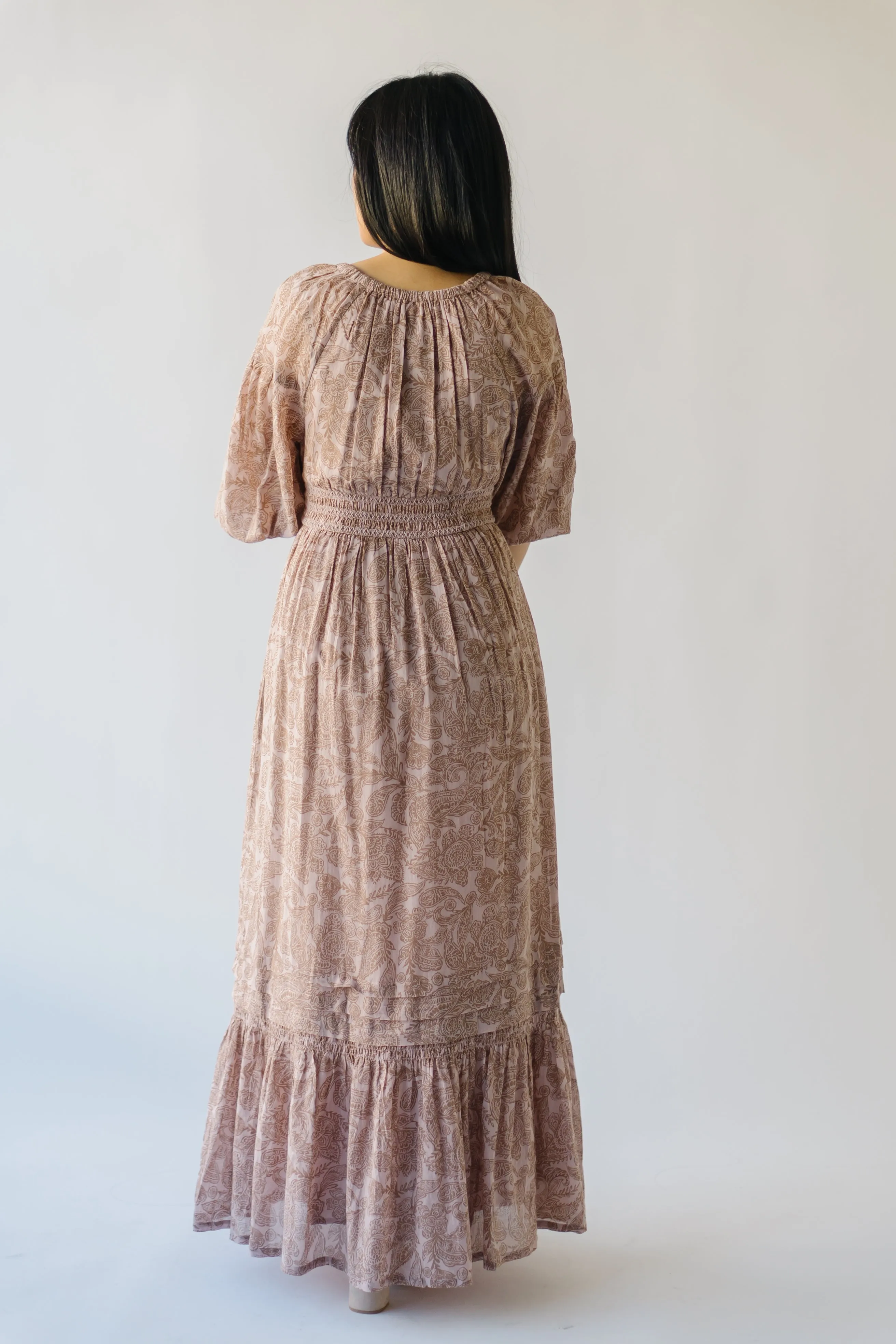 The Lewiston Smocked Detail Maxi Dress in Sandstone