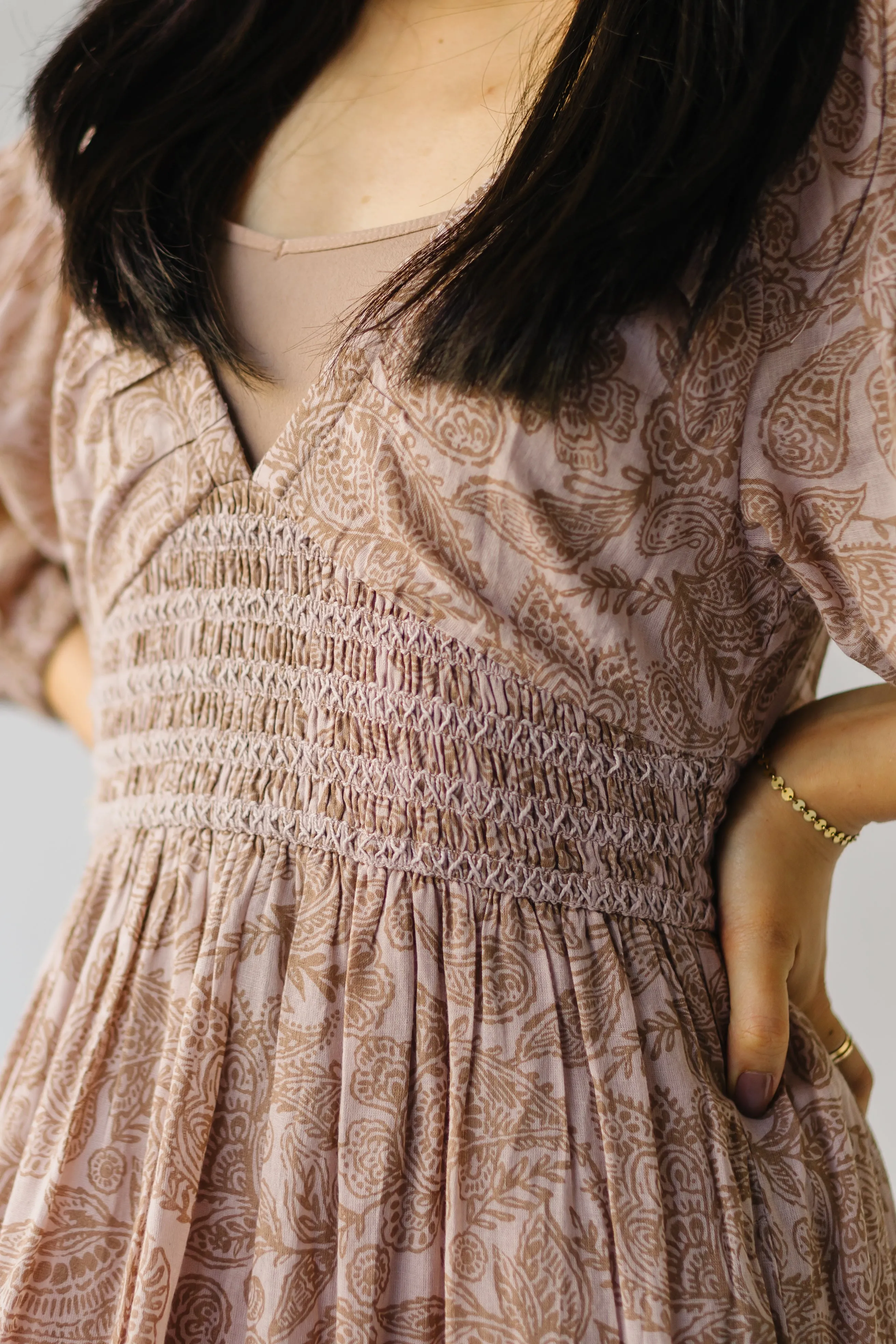 The Lewiston Smocked Detail Maxi Dress in Sandstone