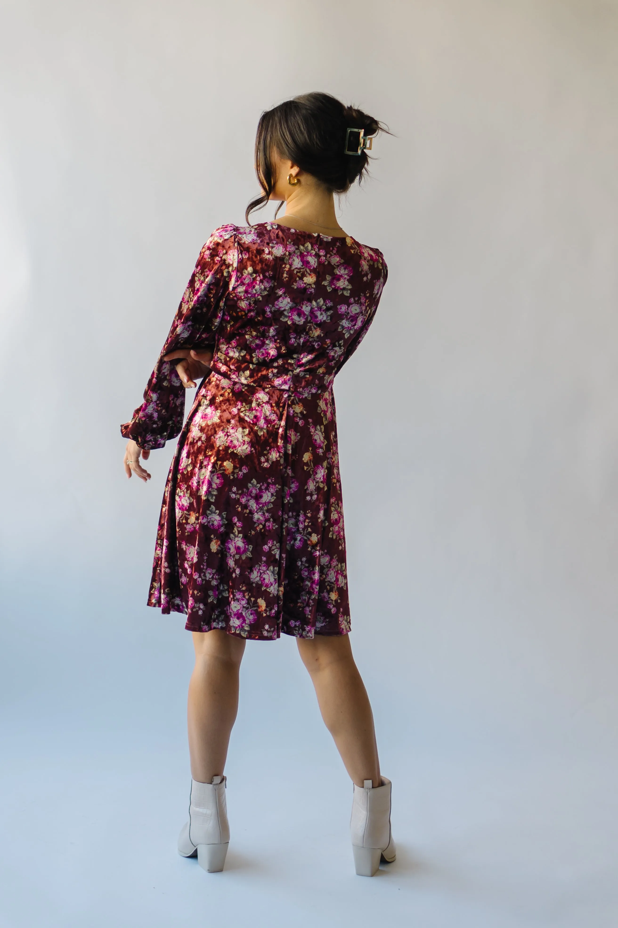 The Zaden V-Neck Velvet Floral Dress in Auburn