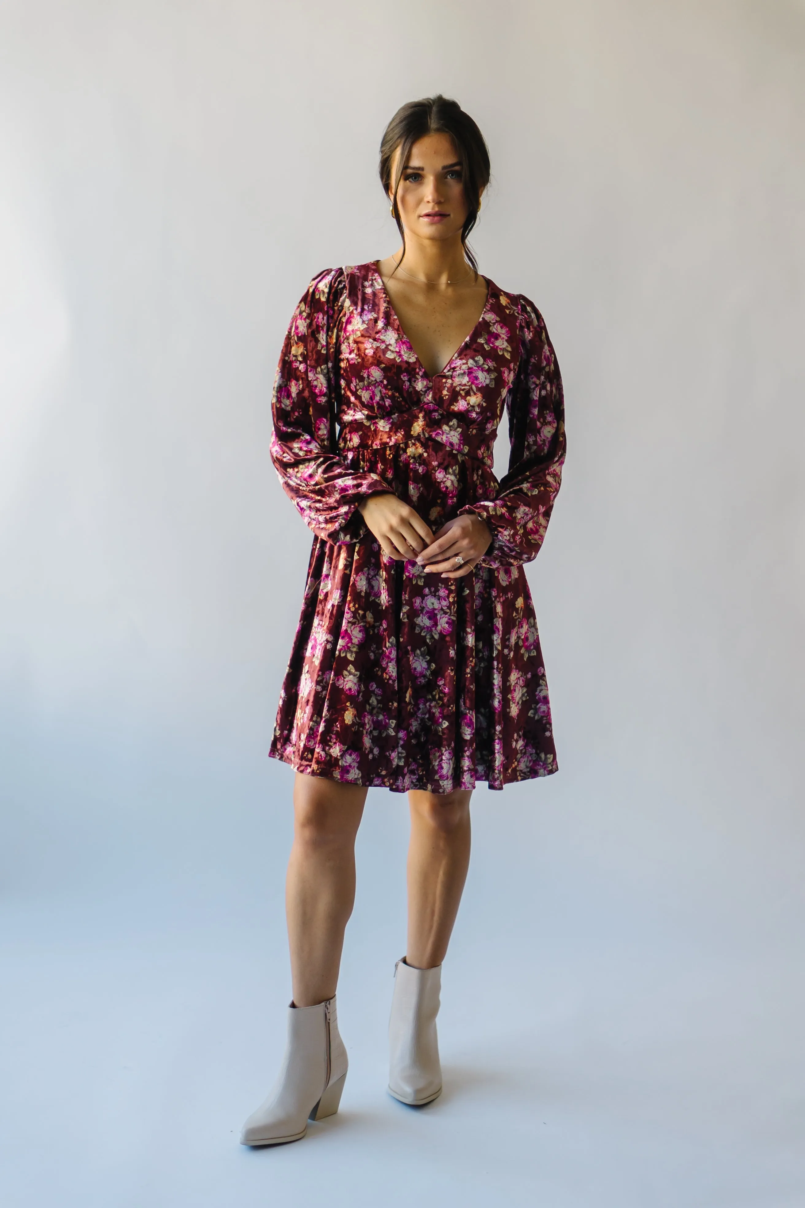 The Zaden V-Neck Velvet Floral Dress in Auburn