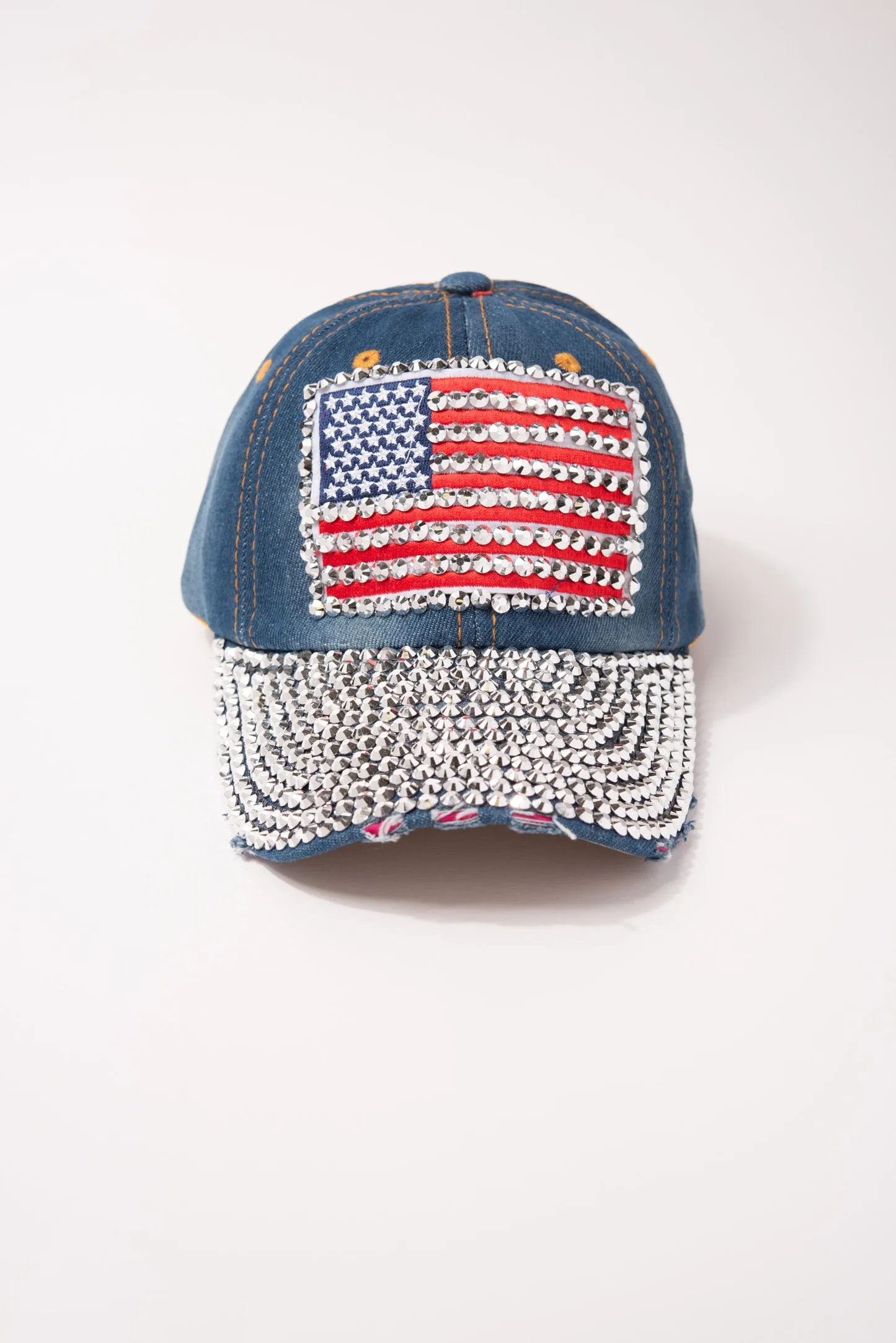 USA Flag Denim Cap with Full Rhinestone Brim