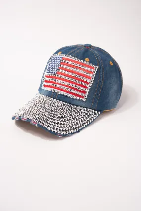 USA Flag Denim Cap with Full Rhinestone Brim