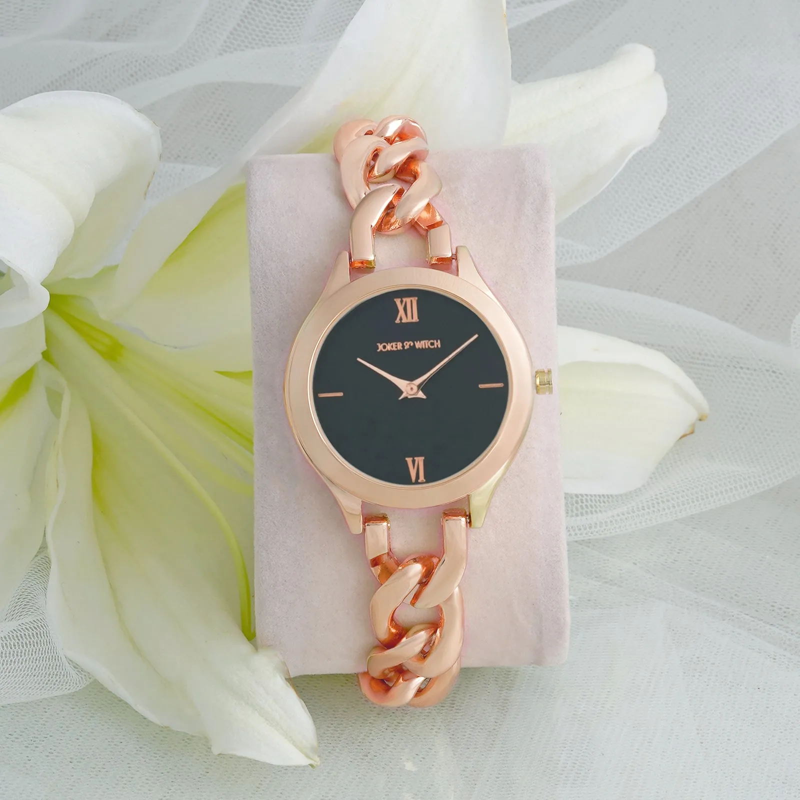 Vegas Black Dial Rose Gold Metallic Watch