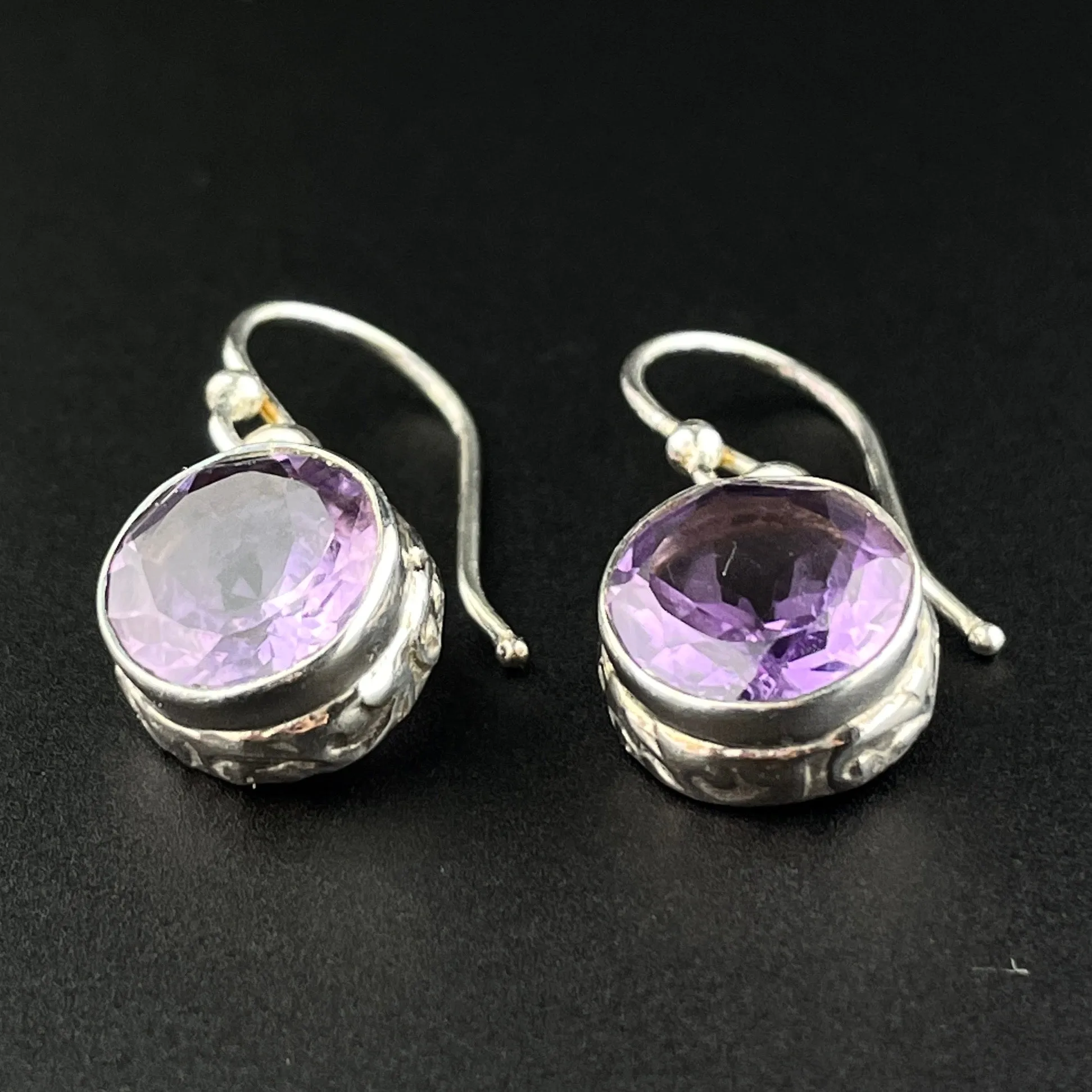 Vintage Amethyst Cabochon Silver Dangle Earrings