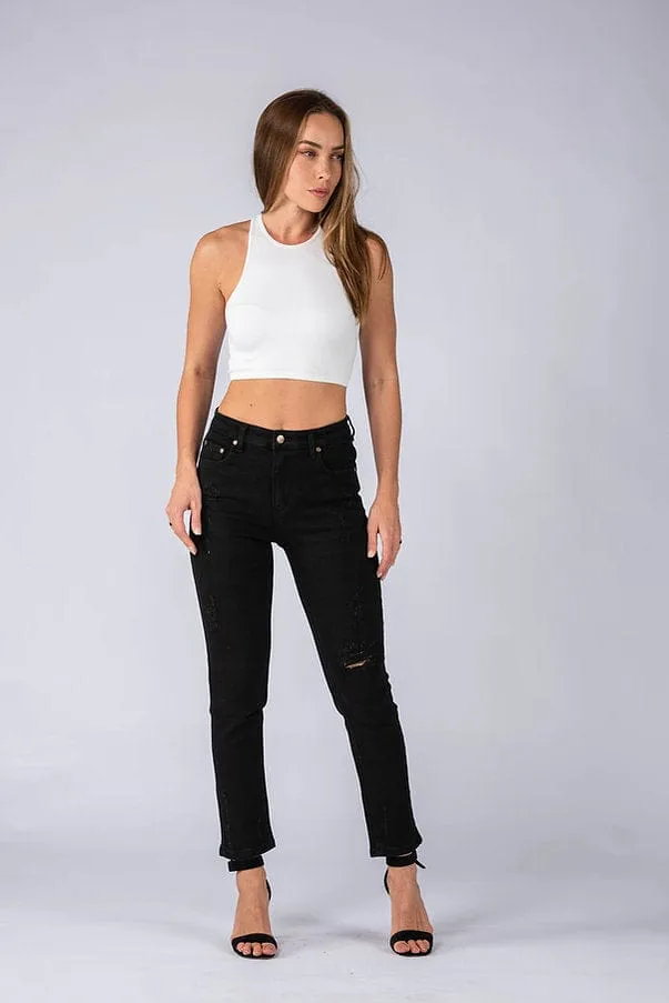 Wakee Denim Jean Straight Leg Distressed High Rise - Black Night 3015