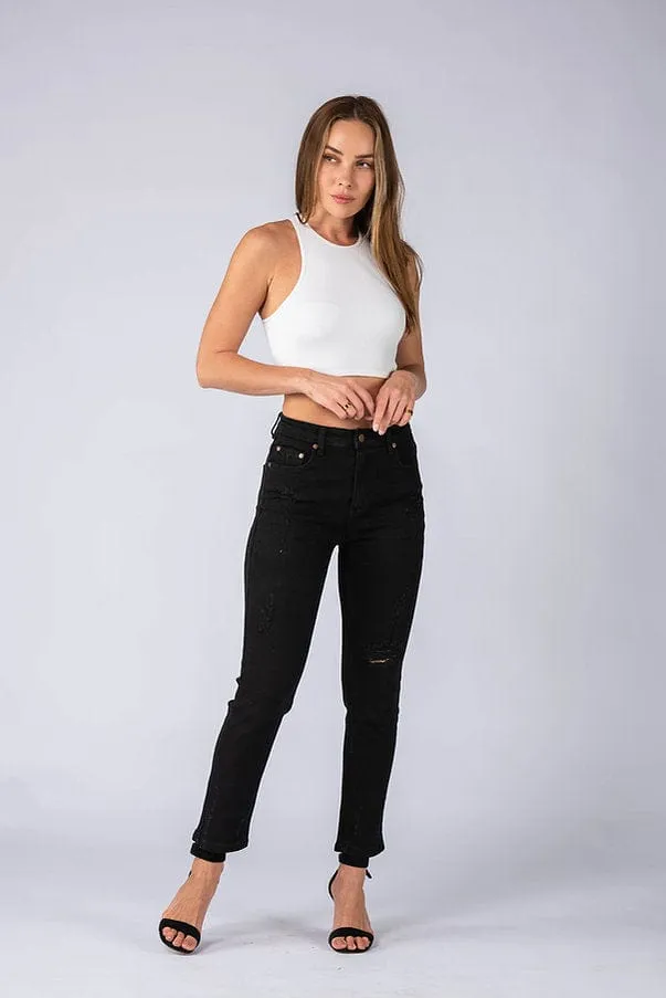 Wakee Denim Jean Straight Leg Distressed High Rise - Black Night 3015