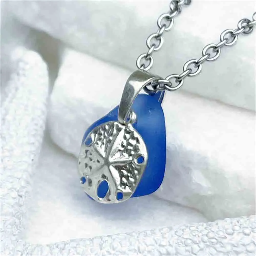 Winsome Cobalt Blue Sea Glass Pendant with Sterling Silver Sand Dollar Charm | 5251